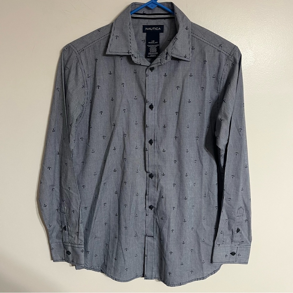 Boys Nautica Long Sleeve Button Down Shirt Anchor Print Size 16 Nautical Preppy‎